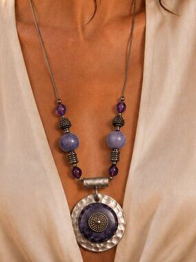 VJ Vicky Jousan Long Statement Necklace Silver Tone Purple Medallion 35"